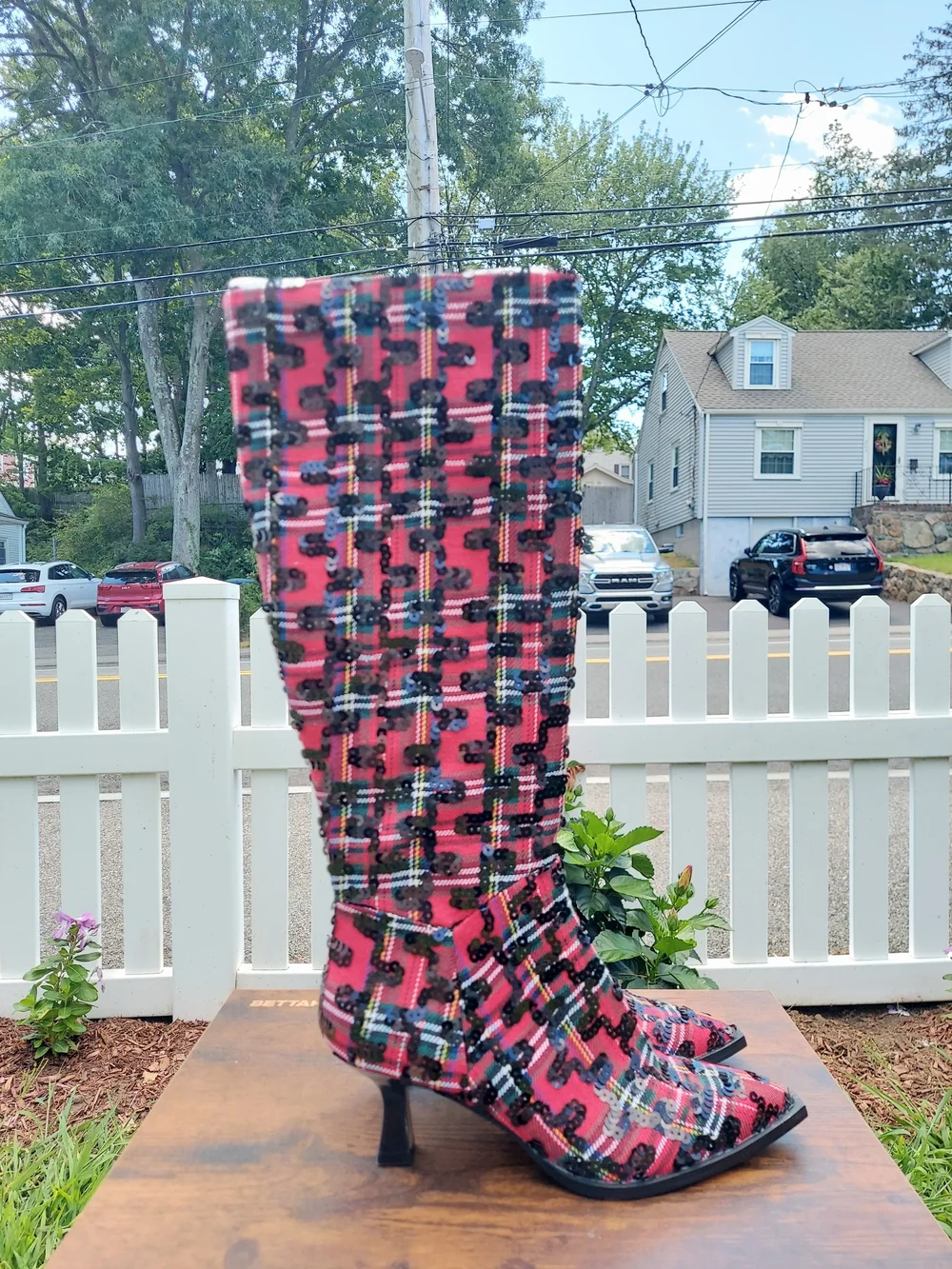 Betsey Johnson Pamella Red & Black Plaid Mid Calf Heeled Boots Womens Size 6 NWT